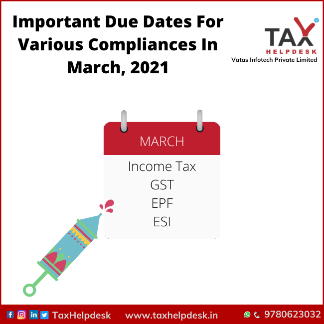 Important Due Dates For Various Compliances In March, 2021