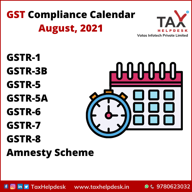 GST Compliance Calendar August, 2021
