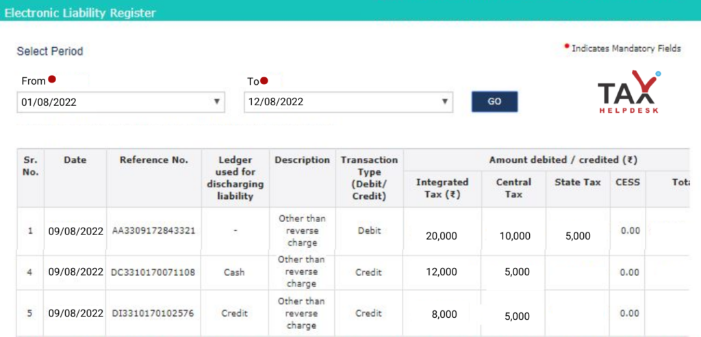 Electronic Tax Liability Ledger