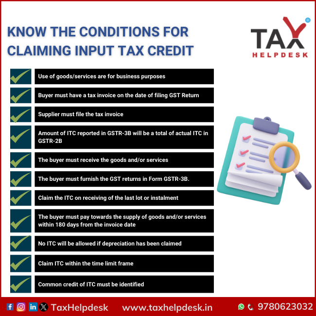 Conditions for claiming Input Tax Credit under GST
